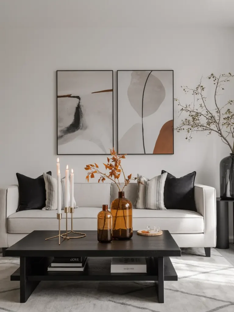 Modern fall living room styled with neutral furniture, black accents, and warm autumn décor.