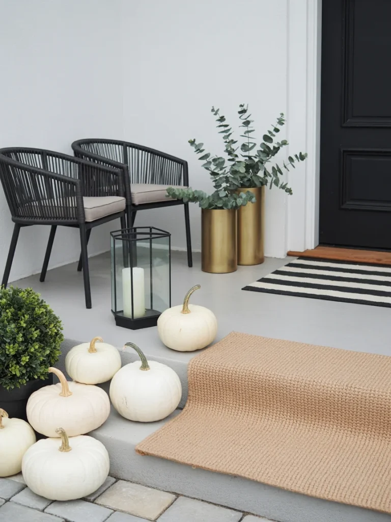 Modern fall porch with white pumpkins, black chairs, gold planters, and a striped doormat.