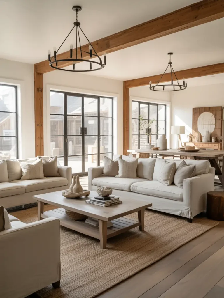 Modern farmhouse living room with neutral sofas, wood beams, and large black-framed windows.