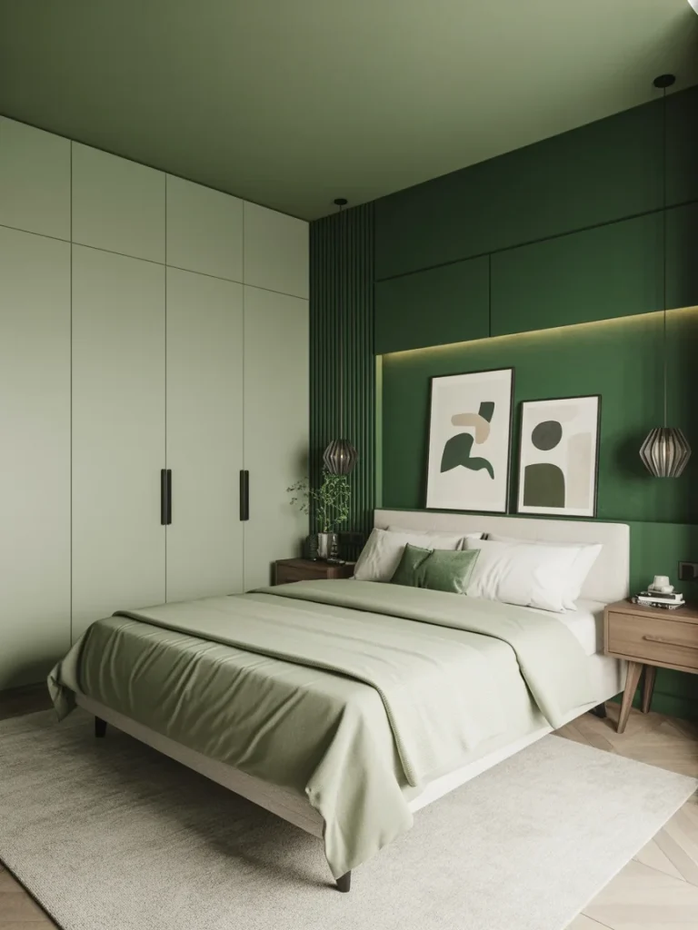 Modern green bedroom with minimalist furniture and bold accent wall.