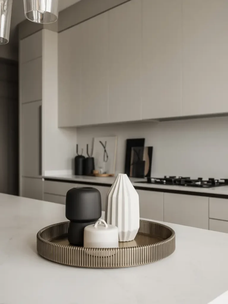 Modern kitchen island decorated with minimalist vases on a round tray.