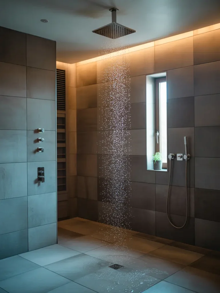 Modern bathroom with a rainfall showerhead releasing water in a spacious walk-in shower with tiled walls and ambient lighting.