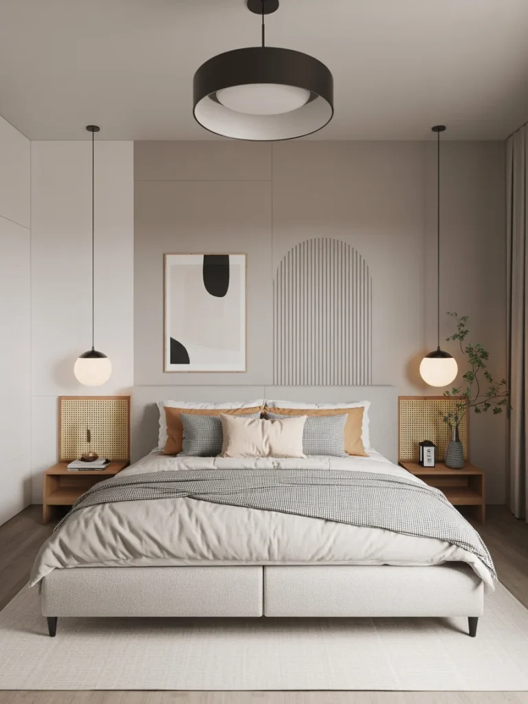 Modern Scandinavian bedroom with neutral tones, contemporary lighting, and minimalist decor.