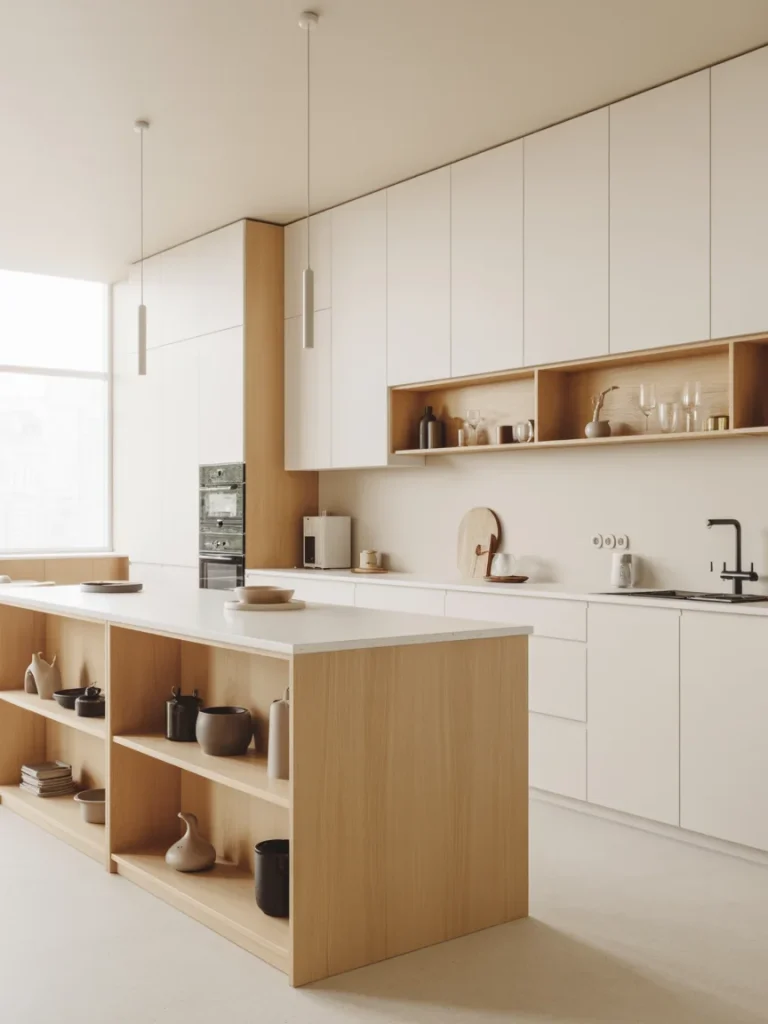 Minimalist kitchen design with sleek white cabinets, light wood accents, and a spacious island with open shelving.