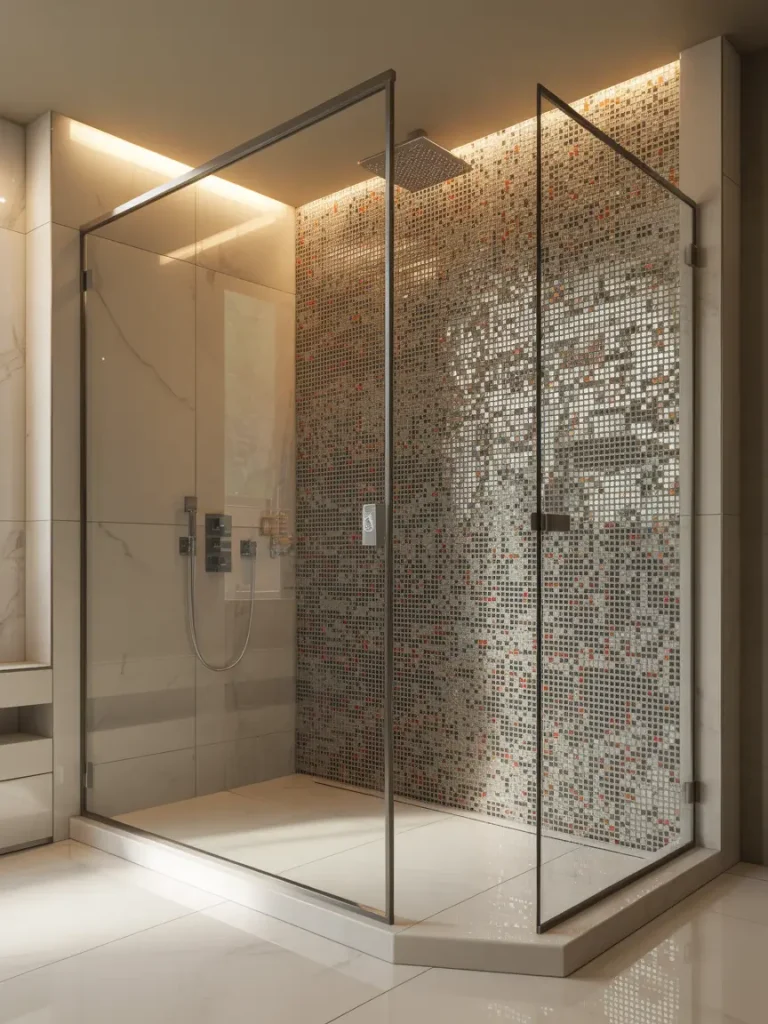 Modern shower with frameless glass doors, mosaic accent wall with metallic and colorful tiles, and overhead rainfall showerhead.