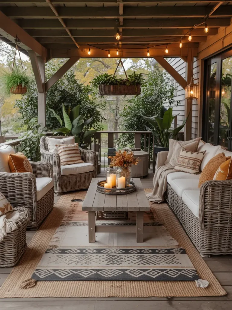 Multi-layered covered patio with wicker furniture, layered rugs, and warm lighting.
