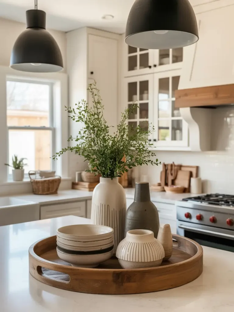 Kitchen island styled with layered ceramic vases, bowls, and greenery in a wooden tray.