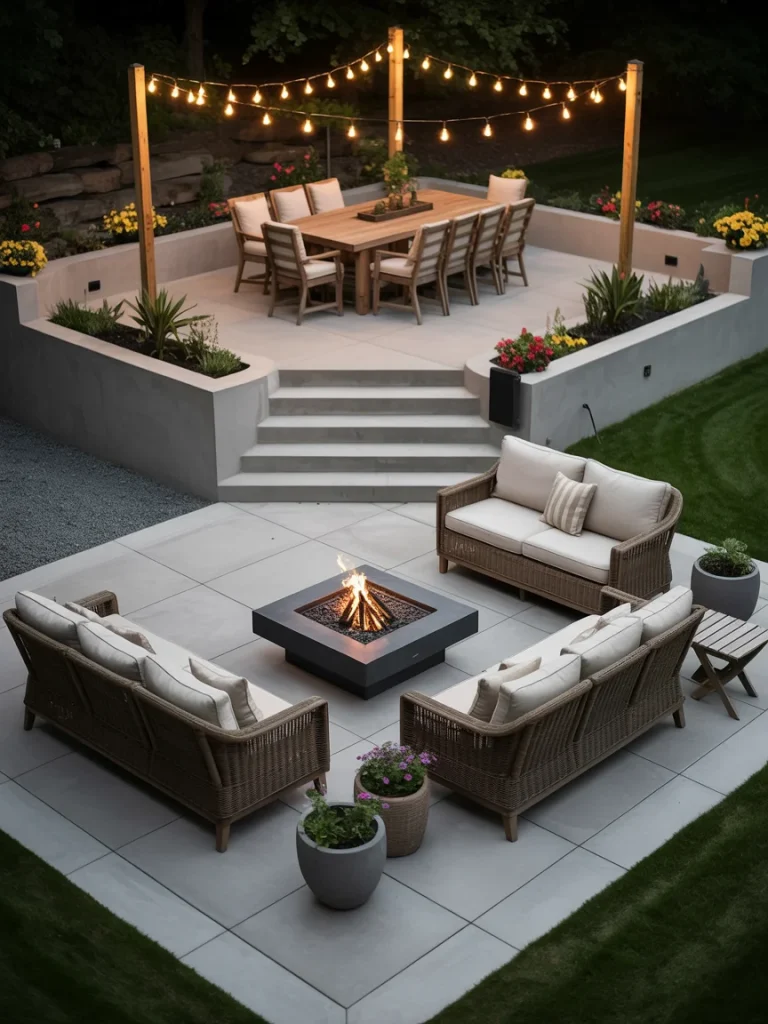 Multi-level concrete patio with fire pit and outdoor dining area under string lights.
