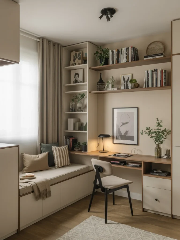 Multipurpose living room nook with built-in bench seating, desk, bookshelves, and cozy neutral decor.