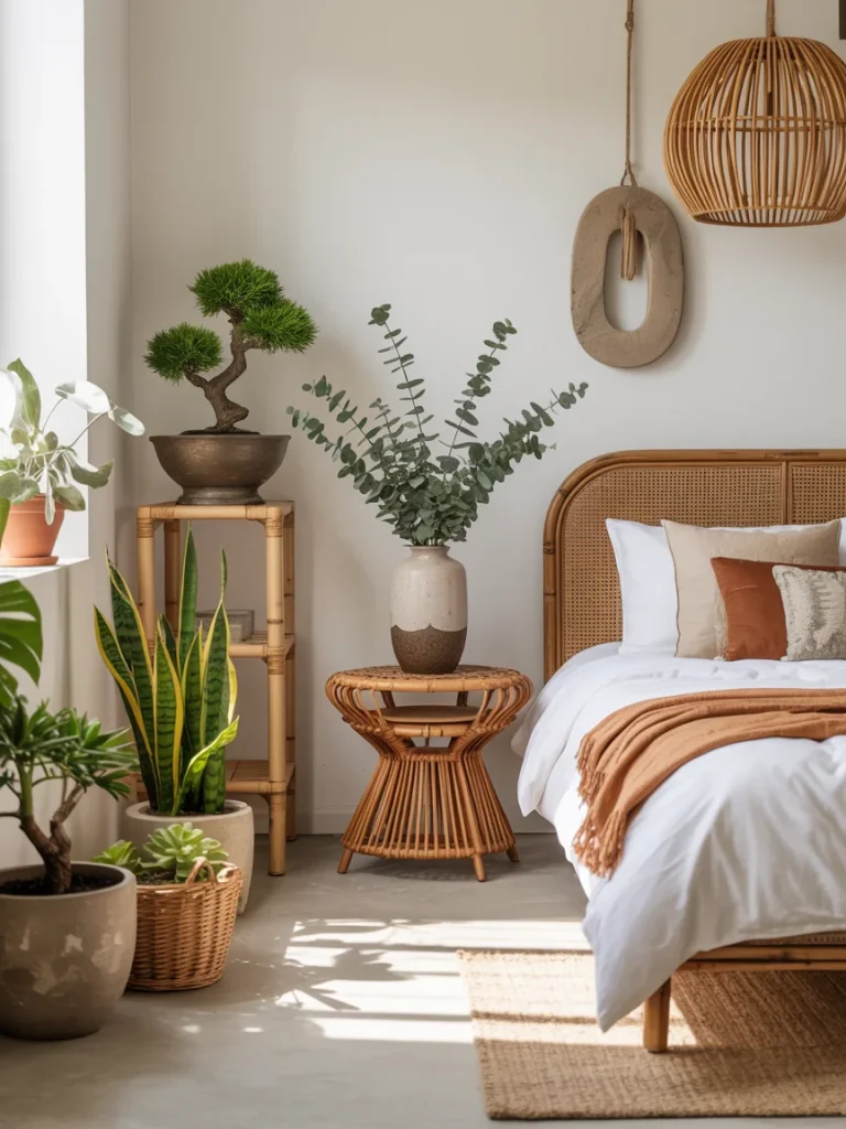 Japanese boho bedroom with natural wood furniture, lush green plants, and warm earthy tones creating a calm and organic atmosphere.