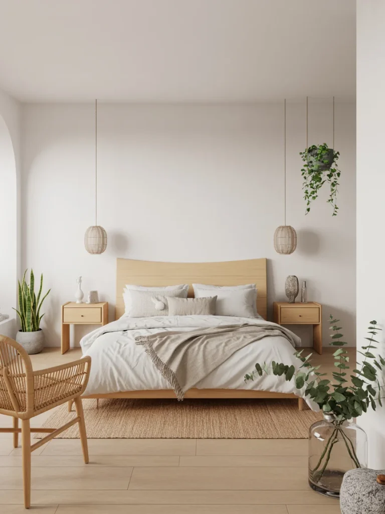 Scandinavian bedroom with natural wood furniture, woven textures, and indoor plants.