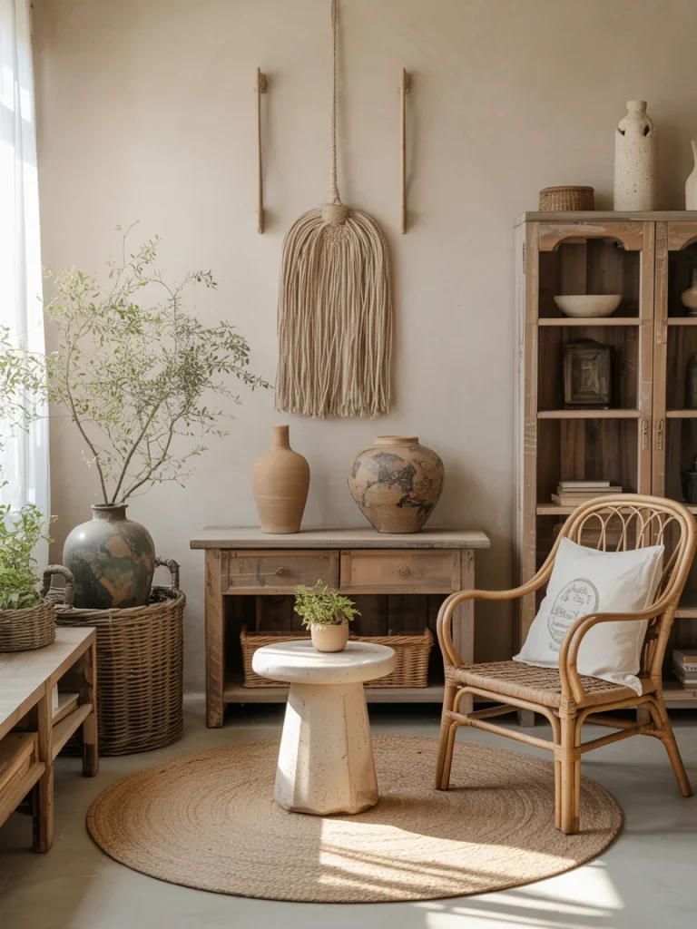 Cozy cottagecore corner with rattan chair, jute rug, and wooden furniture featuring natural clay vases and greenery.