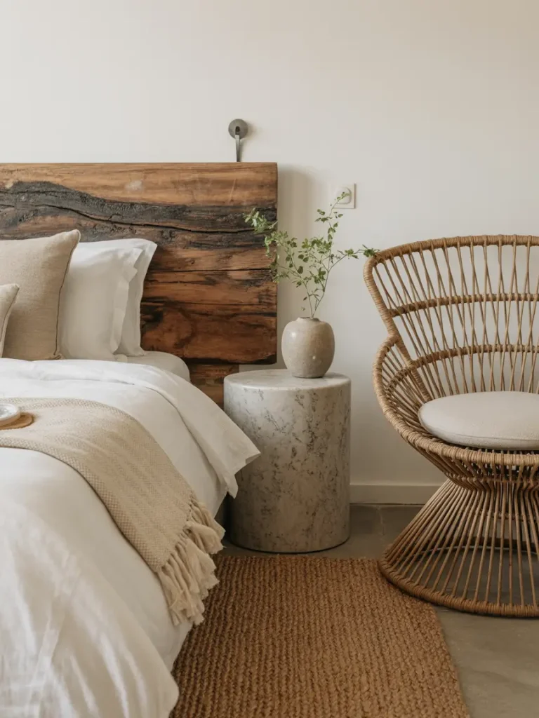 Earthy bedroom design with a rustic wooden headboard, woven rattan chair, stone side table, and neutral bedding.