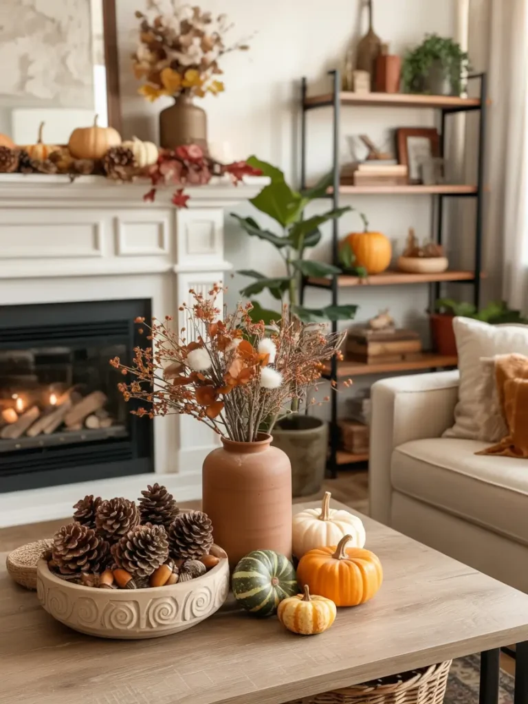 A cozy fall living room decorated with natural elements, featuring a wooden coffee table styled with pinecones, pumpkins, and a terracotta vase filled with autumn branches.