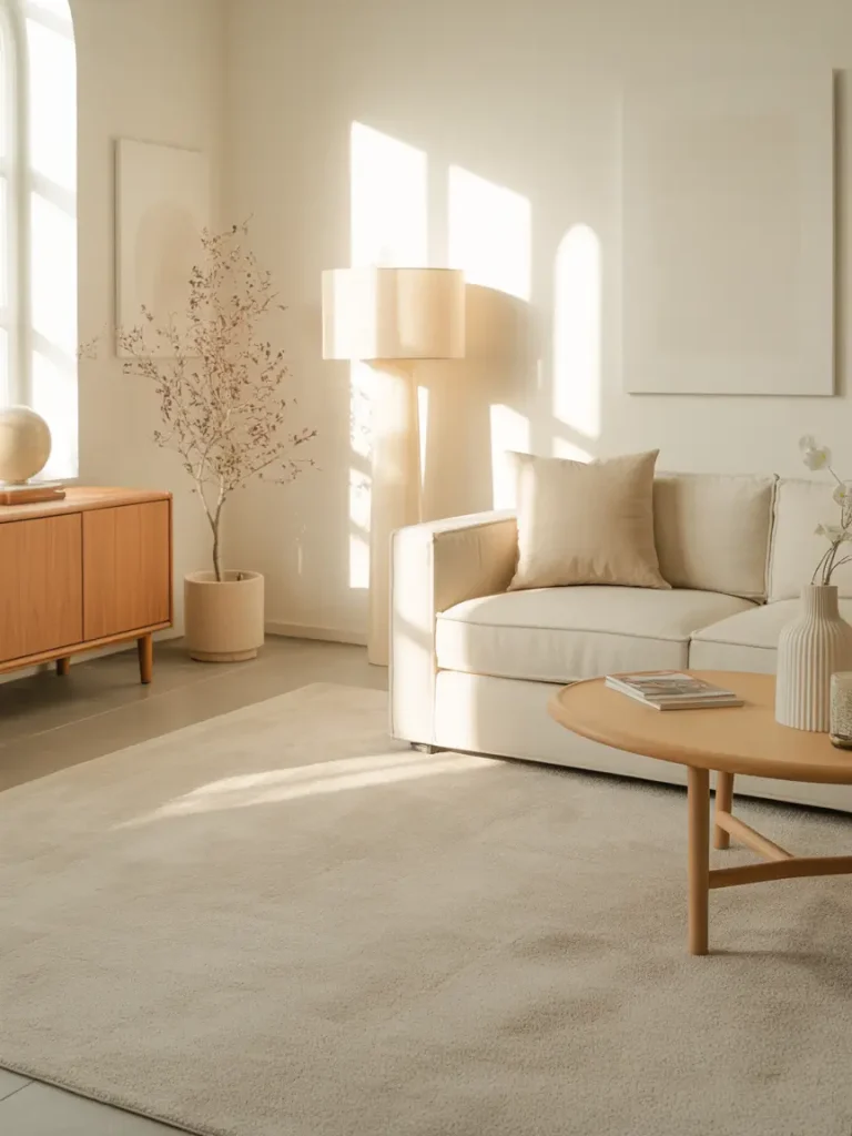 Neutral beige carpet in a modern living room with a cream sofa, wooden coffee table, and soft natural lighting.