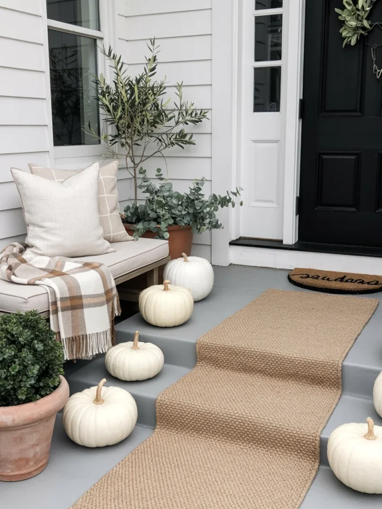 Minimalist fall porch with white pumpkins, beige rug runner, neutral plaid blanket, and potted greenery.