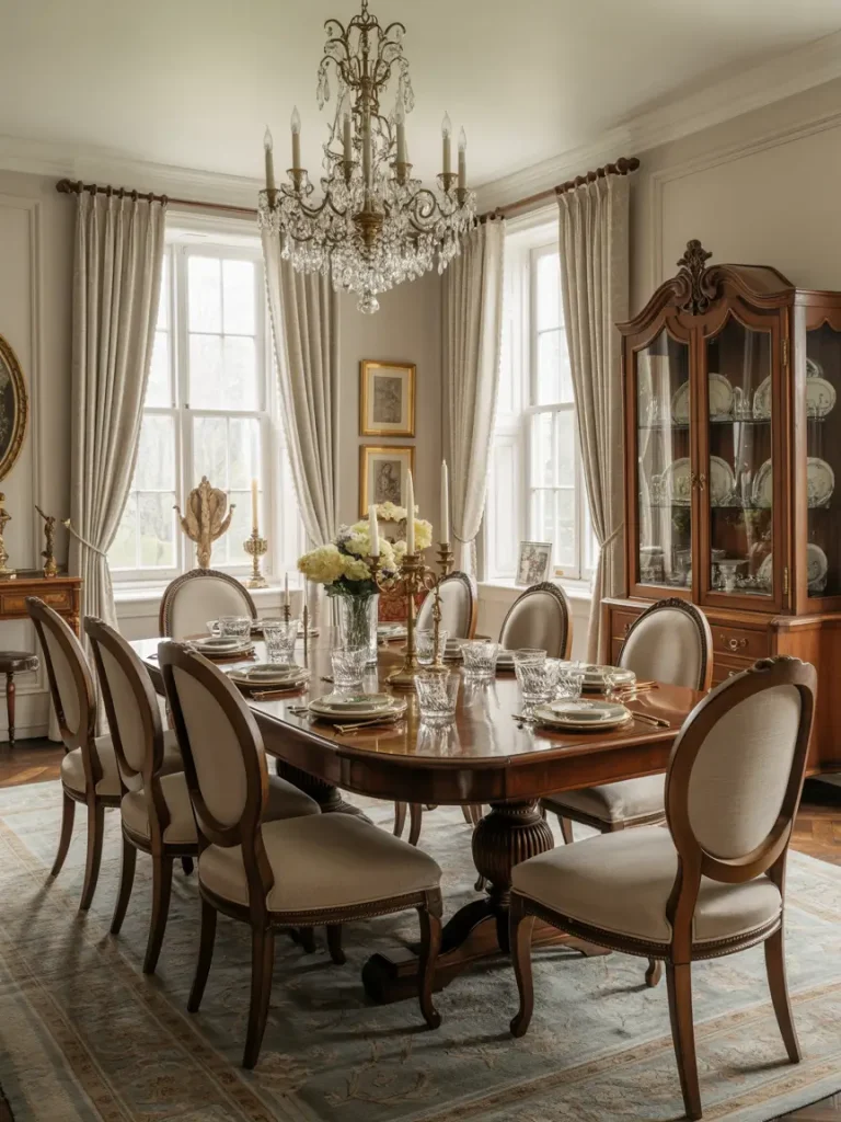 Elegant old money dining room with a crystal chandelier, long wooden dining table, classic upholstered chairs, and a china cabinet.