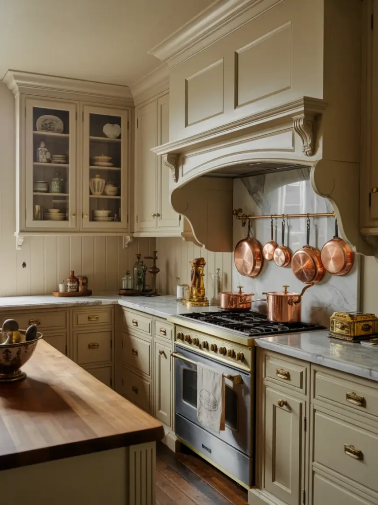 Old money kitchen with classic cabinetry, marble countertops, and copper cookware accents.