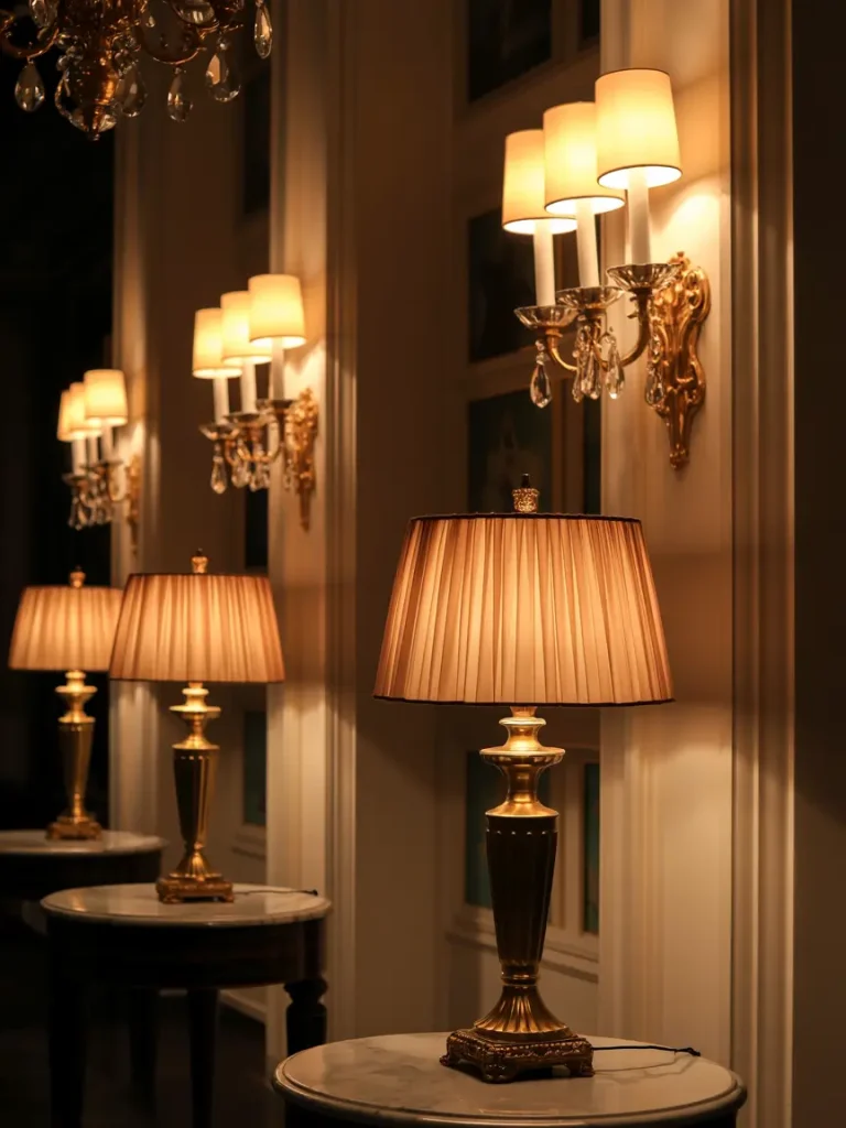 Elegant old money lighting design with gold table lamps and wall sconces in a luxurious hallway.