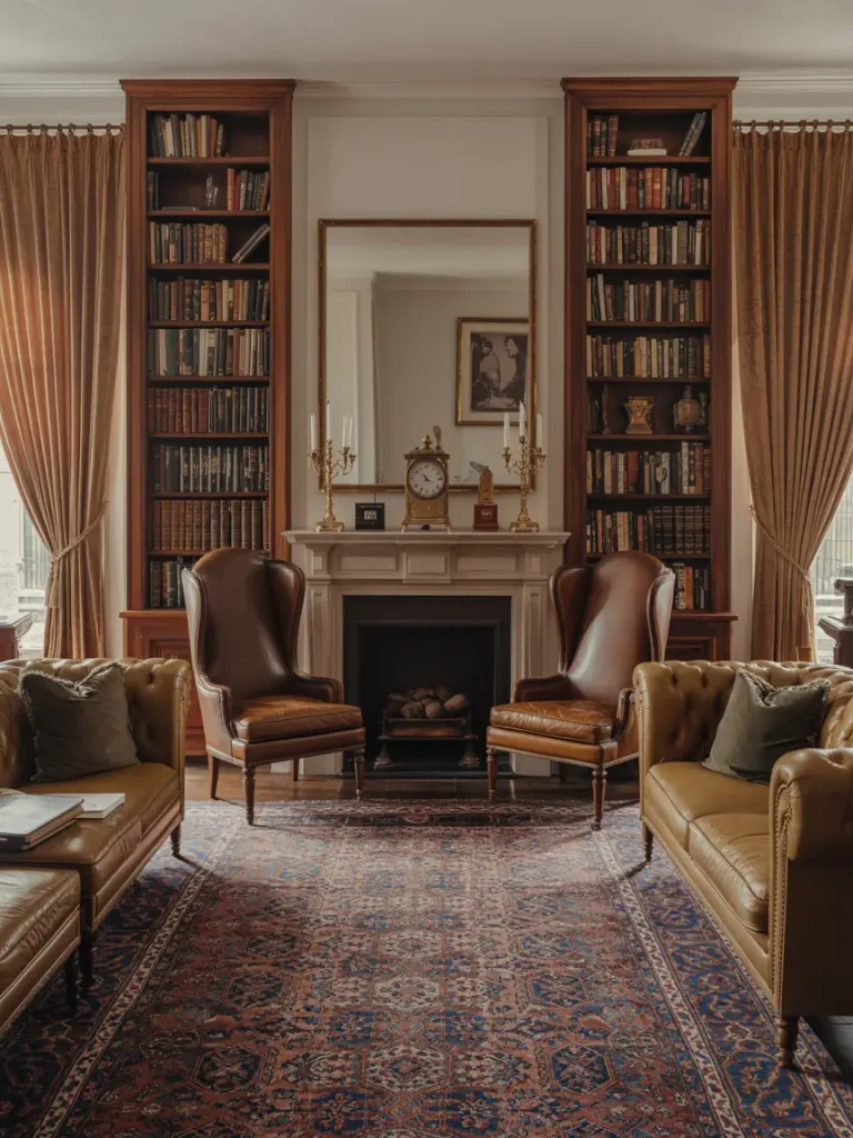 Elegant old money living room with leather chairs, tufted sofas, antique bookshelves, and a classic fireplace.