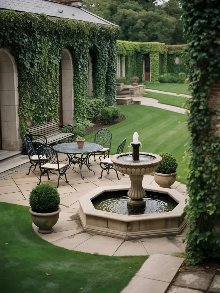 Elegant old money garden with ivy-covered walls, stone fountain, wrought iron furniture, and manicured lawns.