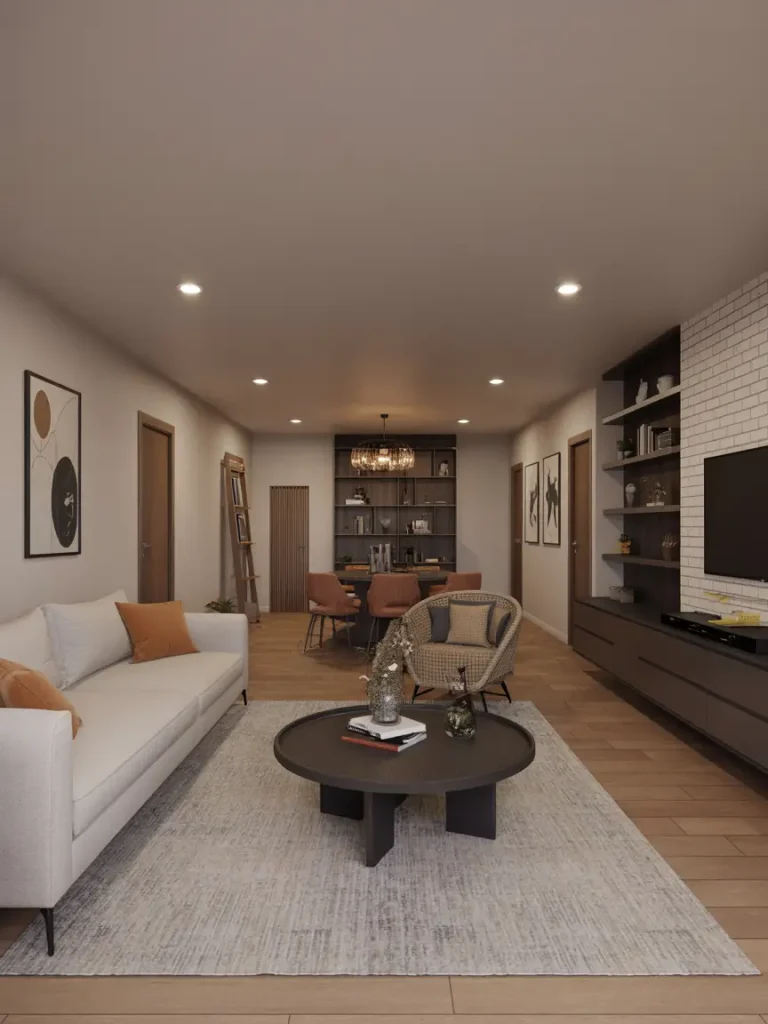 Open-concept basement with modern decor featuring a cozy seating area, round coffee table, wall-mounted TV, and dining space with shelves in the background.