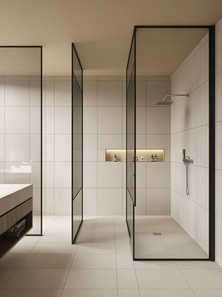 Open concept wet room shower with glass partitions and minimalist beige tile design.