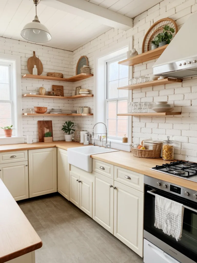 Farmhouse kitchen with white brick walls, wooden open shelves, and neutral cabinetry.
