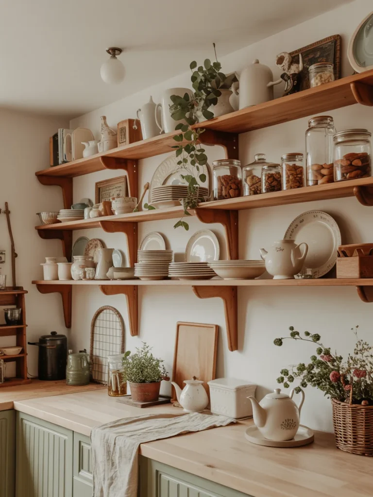 Cottage kitchen with open wooden shelves displaying rustic dishware and decor.