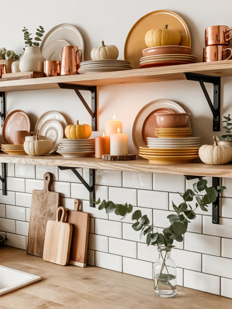 Open kitchen shelves decorated with pumpkins, candles, copper mugs, and stacked plates for a fall-inspired look.