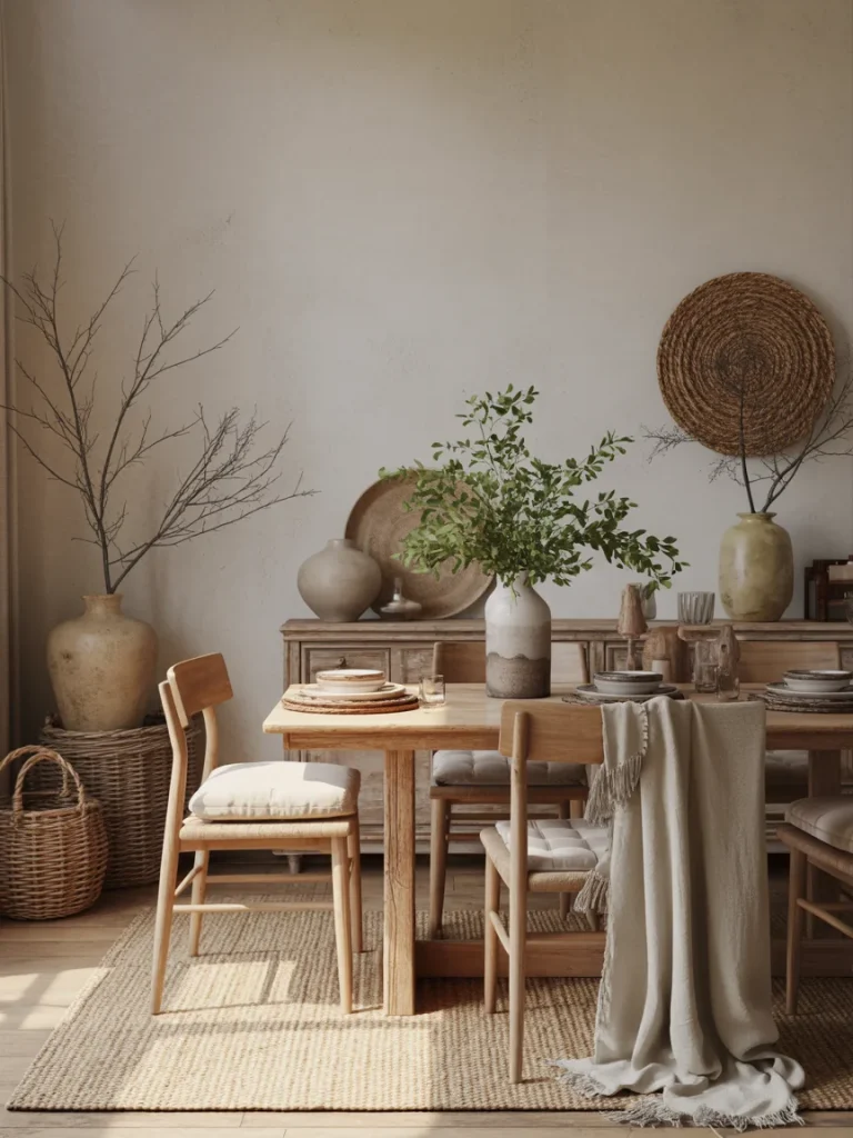 Earthy dining room with organic textures, natural wood furniture, and woven accents.