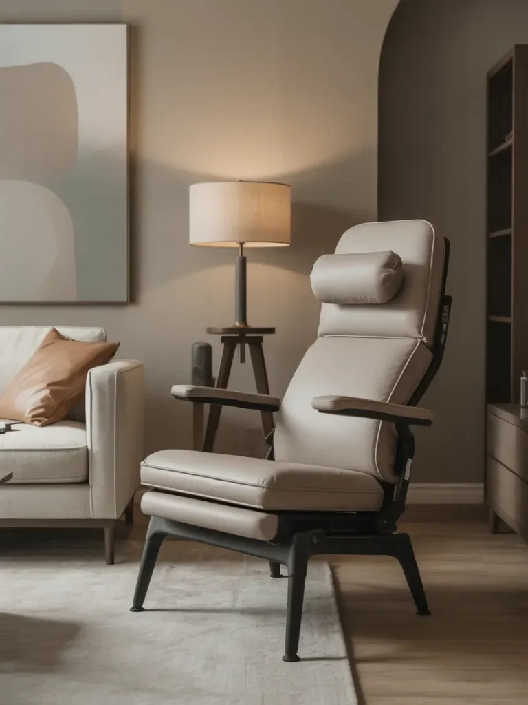 Modern orthopedic and therapeutic chair with cushioned back support, headrest, and armrests in a stylish living room setting.