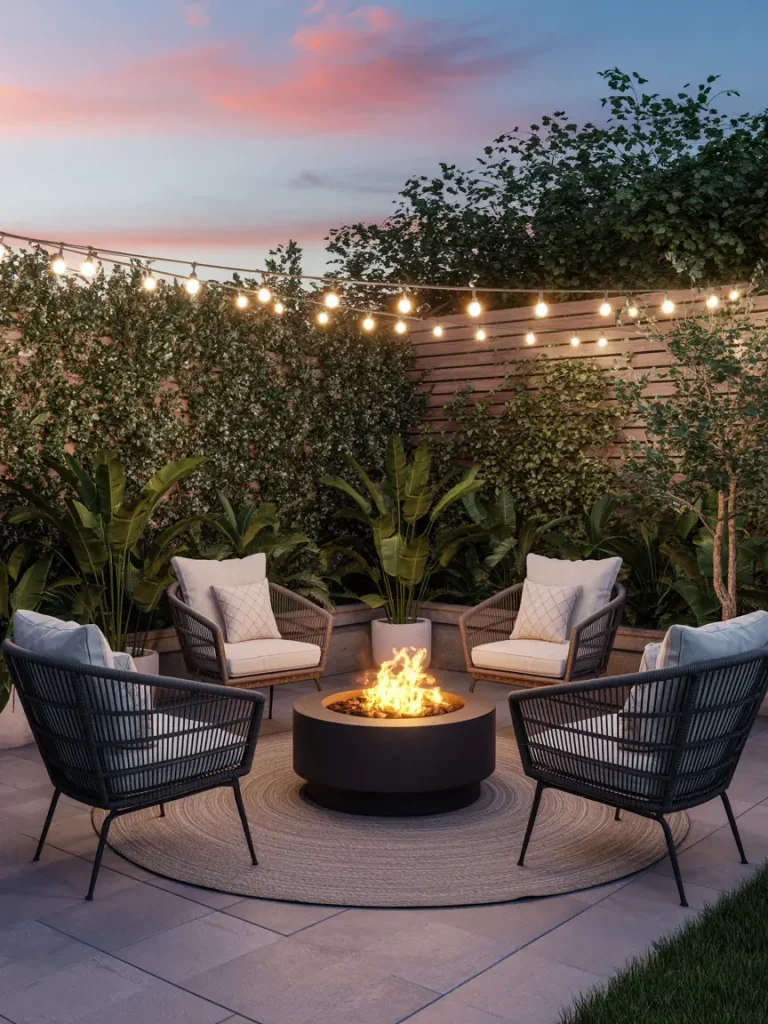 Outdoor seating area with four wicker chairs around a modern fire pit, string lights above, and lush greenery creating a cozy atmosphere.