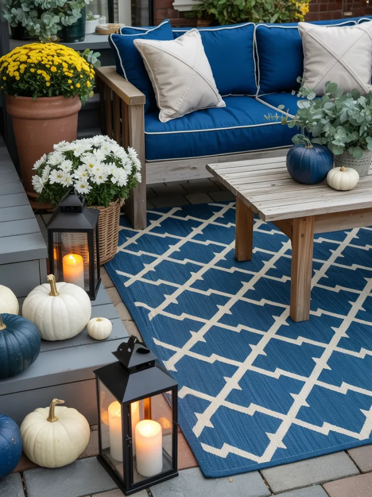 Outdoor fall patio with blue cushions, patterned blue rug, white and blue pumpkins, lanterns, and seasonal flowers.