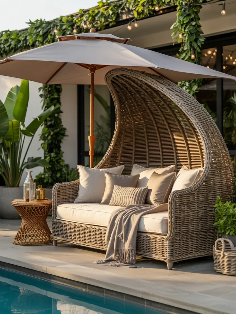 Outdoor wicker daybed with canopy, neutral cushions, and umbrella beside a pool.