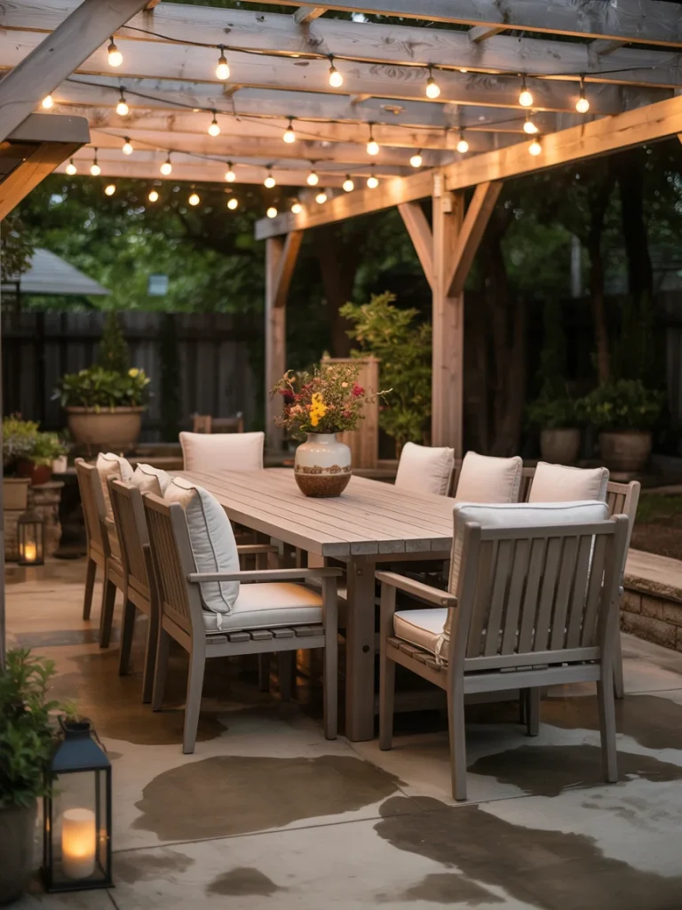 Outdoor dining area on a concrete patio with pergola and string lights.
