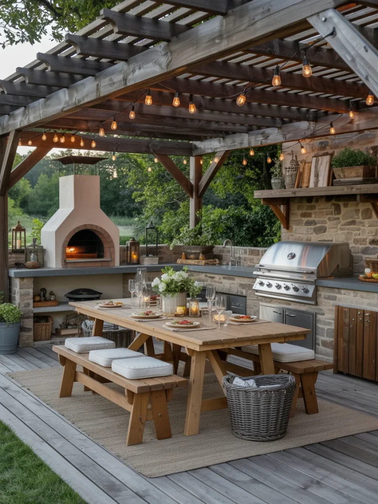 Outdoor farmhouse kitchen with wooden pergola, string lights, built-in grill, wood-fired oven, and rustic dining table with benches.