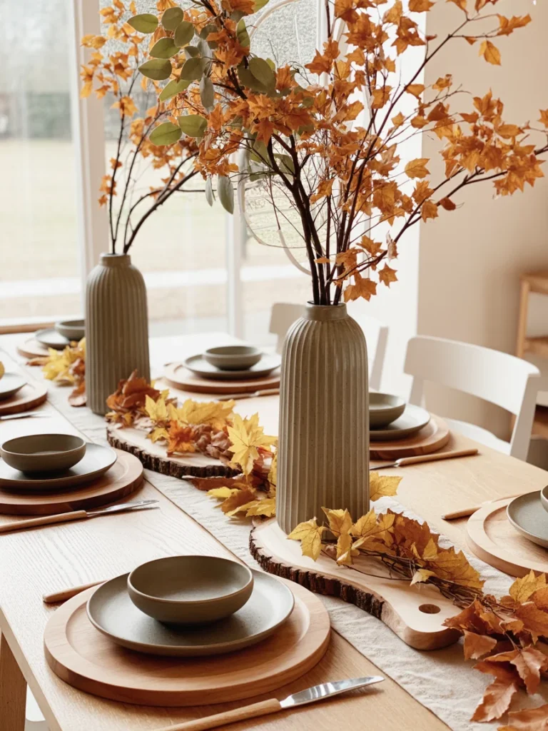Outdoor-inspired fall dining room table with earthy plates, wood slice chargers, and tall vases of autumn leaves.