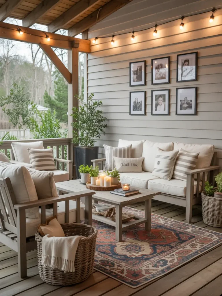 Personalized covered patio with framed photos, cozy seating, and candles.