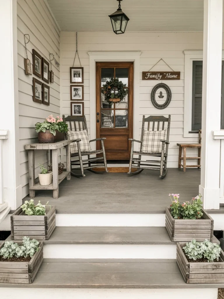 Personalized farmhouse porch with rocking chairs, family name sign, photo wall, and rustic planters.