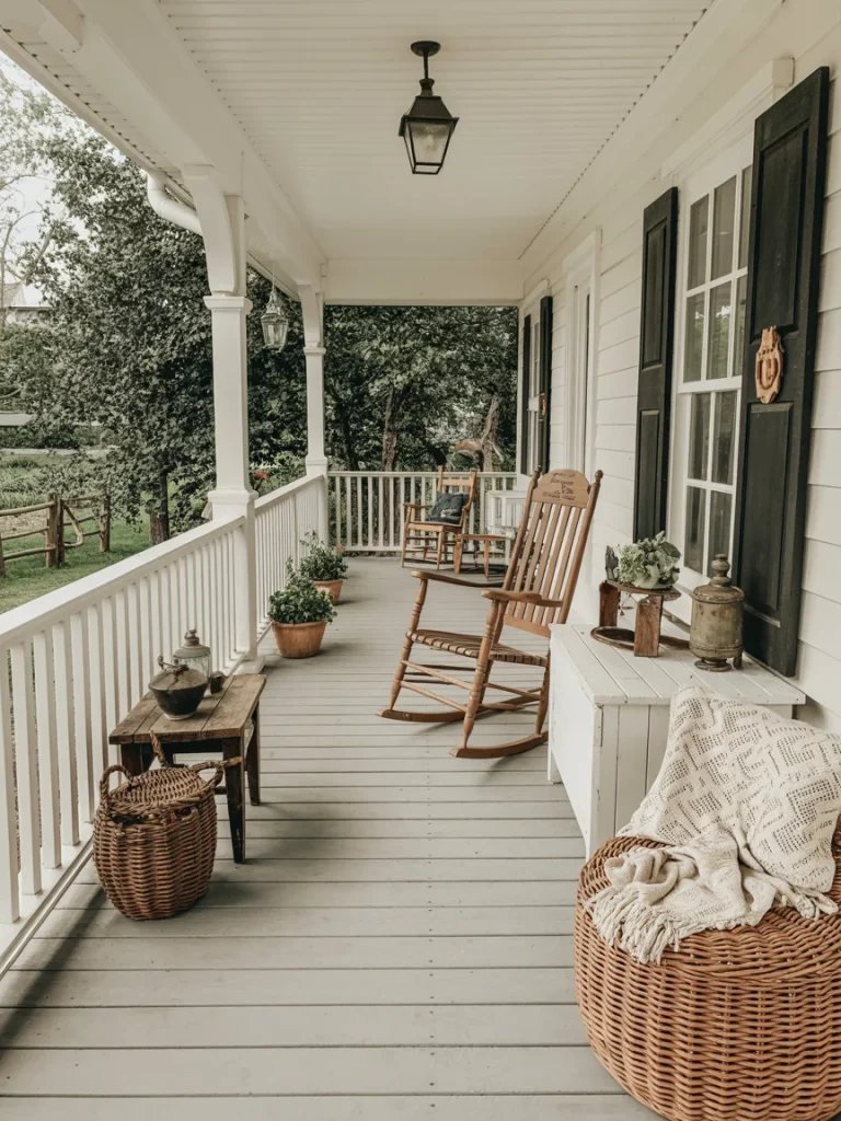 Cozy farmhouse porch with wooden rocking chairs, wicker baskets, potted plants, and personalized rustic décor accents.