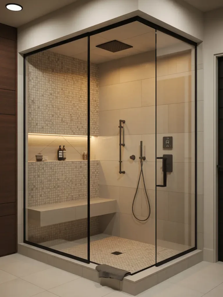 Modern shower with glass enclosure, built-in bench, mosaic tile wall, and personalized storage shelves.