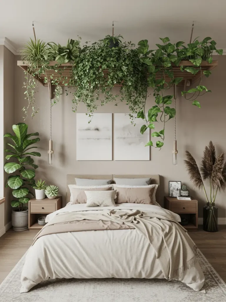Earthy bedroom with neutral tones, large bed, and lush greenery hanging above for a natural and calming atmosphere.