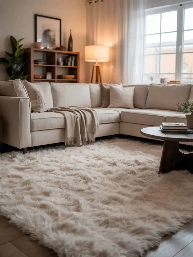 Plush white shag carpet in a cozy living room with a sectional sofa, coffee table, and warm ambient lighting.