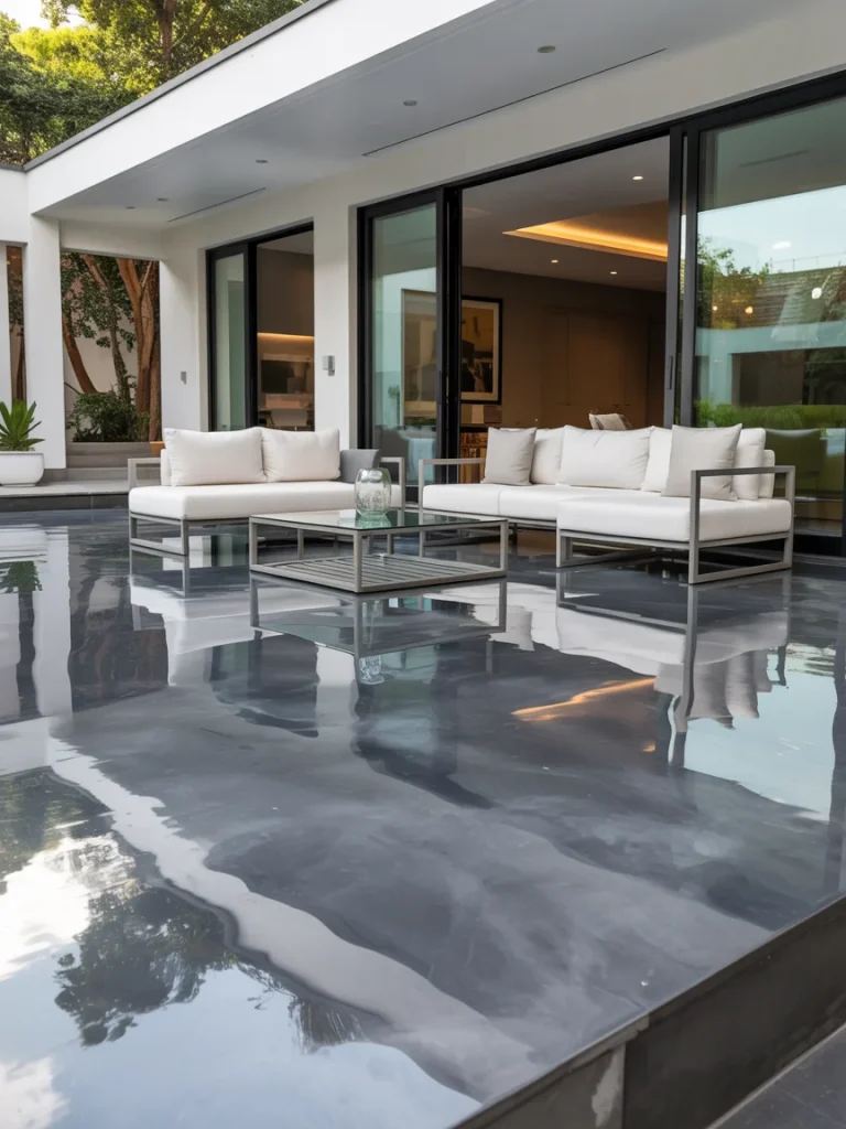 Sleek polished concrete patio with modern outdoor furniture.