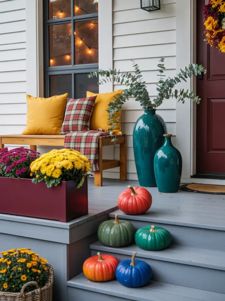 Vibrant fall porch with colorful pumpkins, yellow pillows, plaid throw, and bright mums.