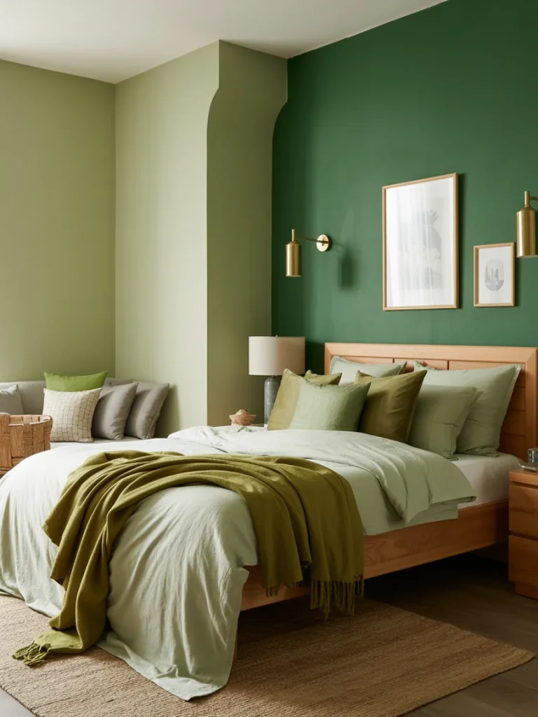 Green bedroom with layered color palette, wooden bed, and modern wall art.
