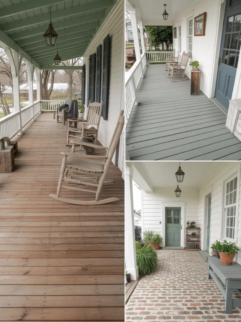 Farmhouse porches with wood, painted, and brick flooring styles.