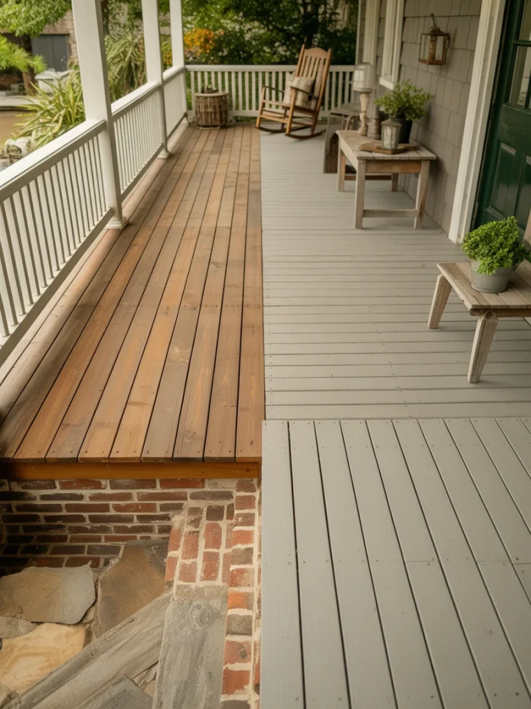 Farmhouse porch with mixed flooring styles, featuring natural wood planks and painted gray decking.