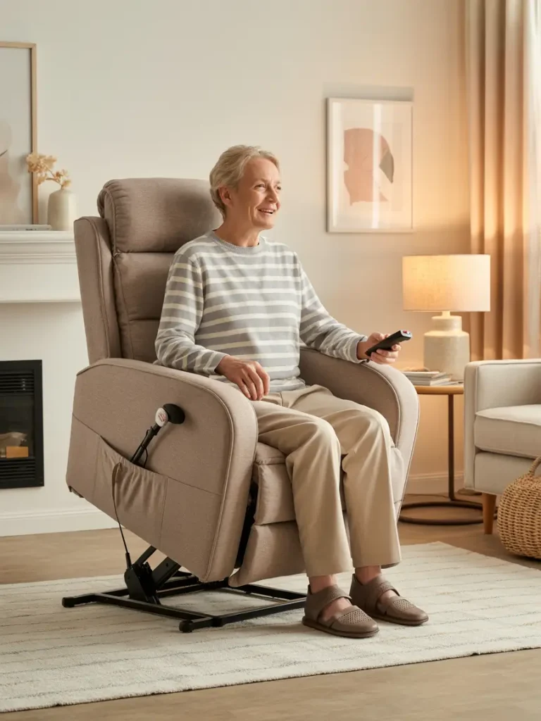 Senior woman sitting comfortably in a beige power lift chair with remote control, designed to assist with back pain relief in a modern living room.